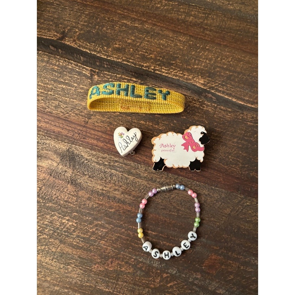 "Ashley" name items - 2‎ bracelets and 2 pins - EXCELLENT condition